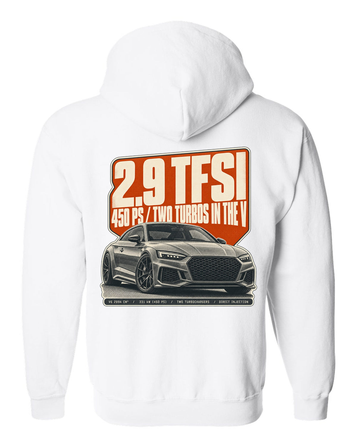 Halftone print of an Audi RS5 Coupe B9 with 2.9 TFSI and 450 PS text white zip hoodie back view with the design
