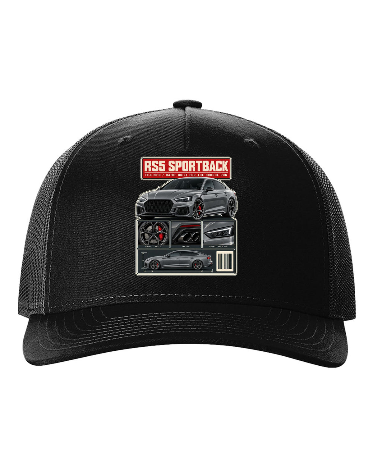 Audi RS5 Sportback B9 dossier panel print design black hat front view with the design
