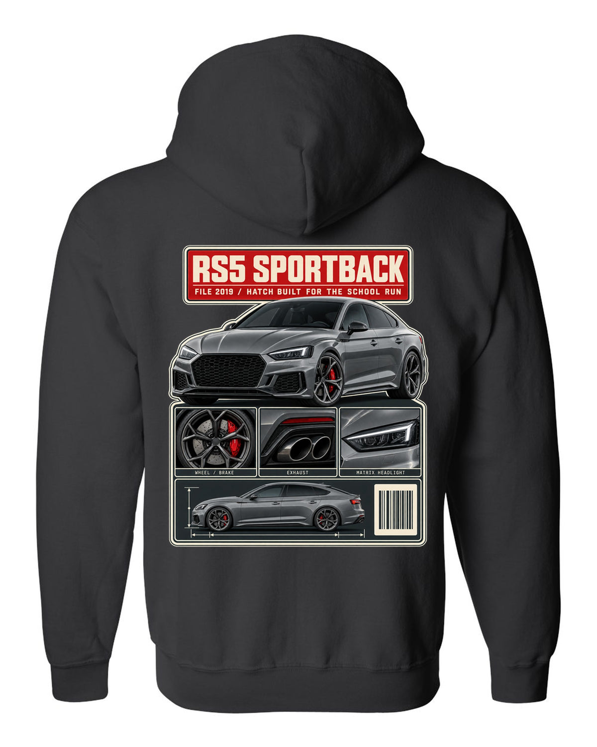 Audi RS5 Sportback B9 dossier panel print design black zip hoodie back view with the design