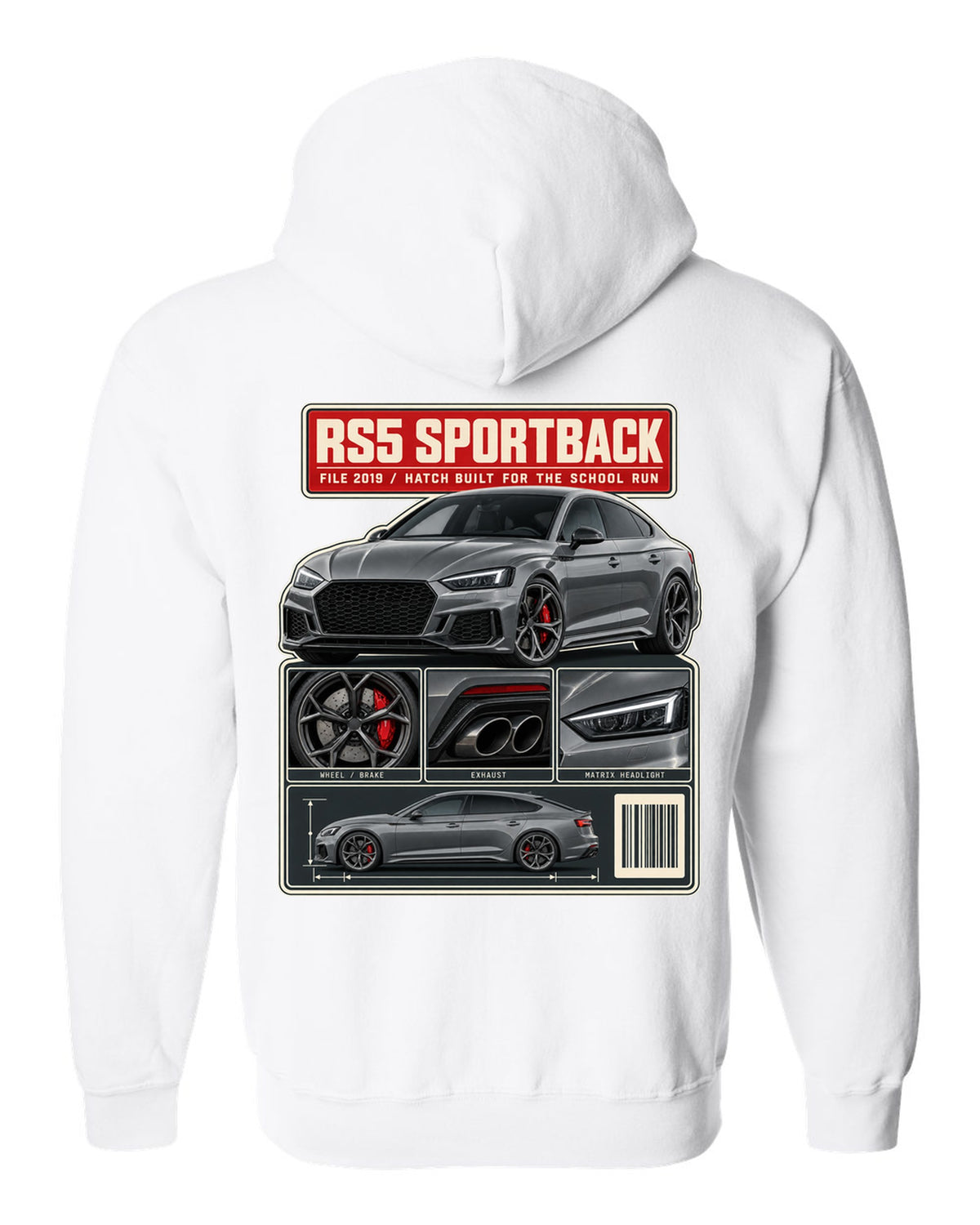 Audi RS5 Sportback B9 dossier panel print design white zip hoodie back view with the design