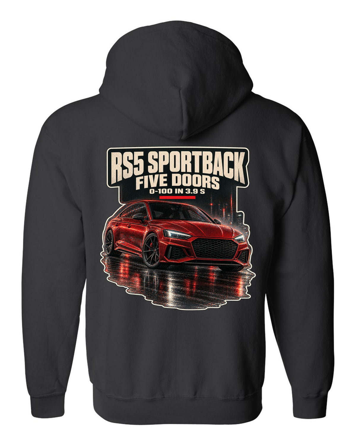 Night street scene of an Audi RS5 Sportback B9 facelift black zip hoodie back view with the design