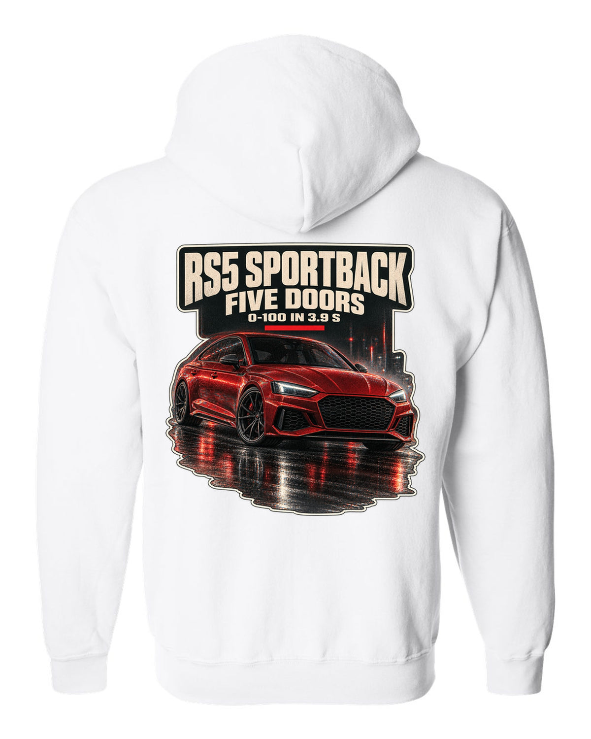Night street scene of an Audi RS5 Sportback B9 facelift white zip hoodie back view with the design