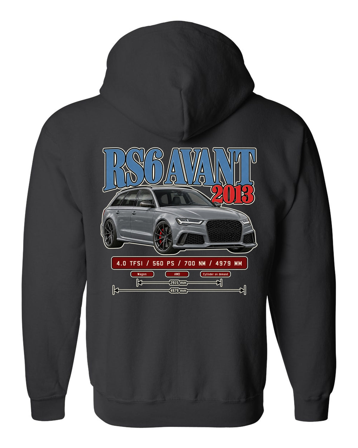 Audi RS6 Avant C7 2013 archive panel print black zip hoodie back view with the design