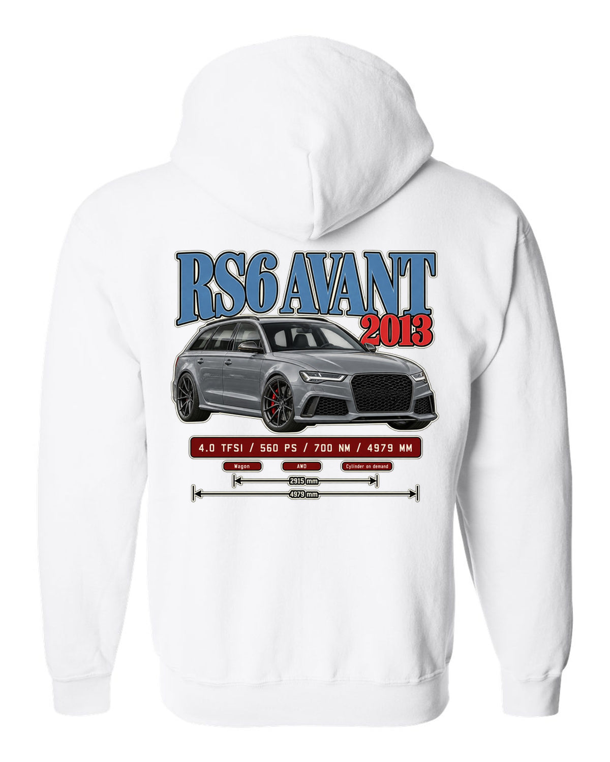 Audi RS6 Avant C7 2013 archive panel print white zip hoodie back view with the design