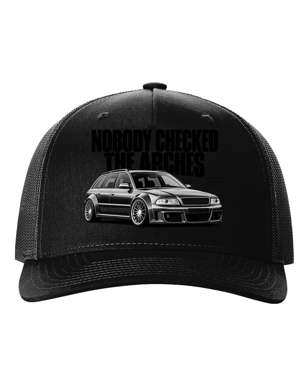 Audi RS6 Avant C5 4B front three-quarter in halftone with arches text black hat front view with the design