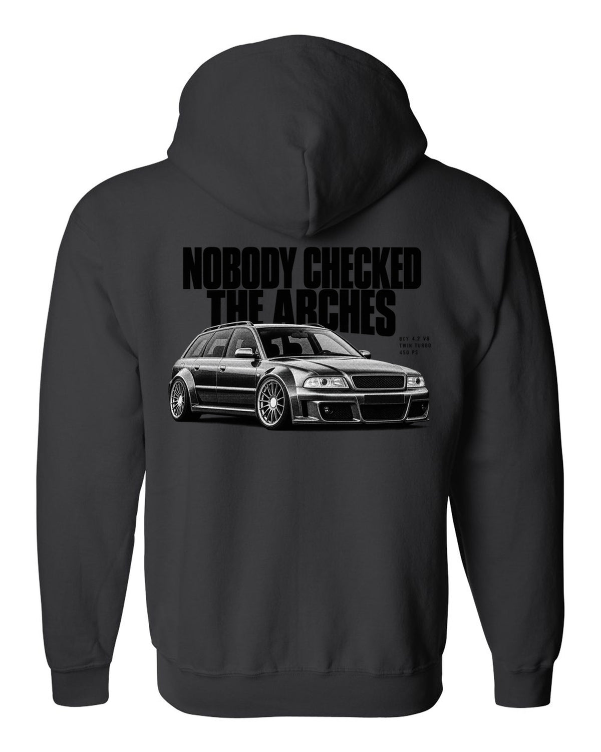 Audi RS6 Avant C5 4B front three-quarter in halftone with arches text black zip hoodie back view with the design