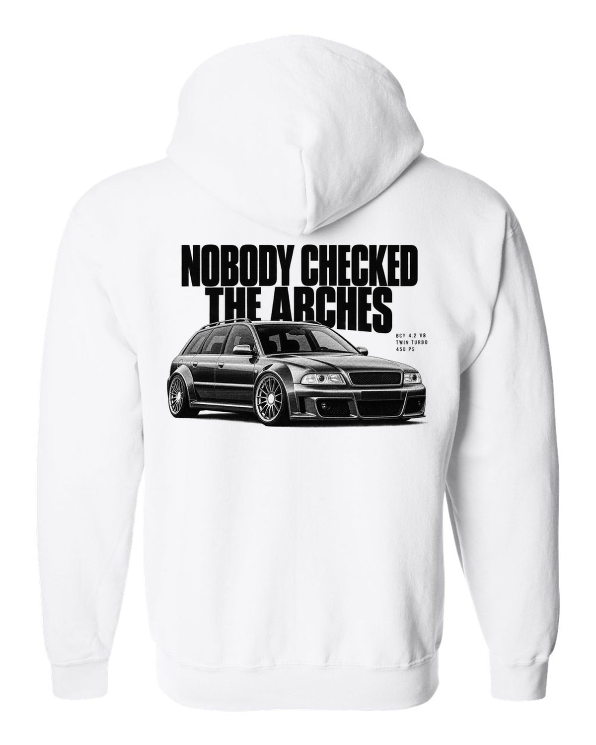 Audi RS6 Avant C5 4B front three-quarter in halftone with arches text white zip hoodie back view with the design