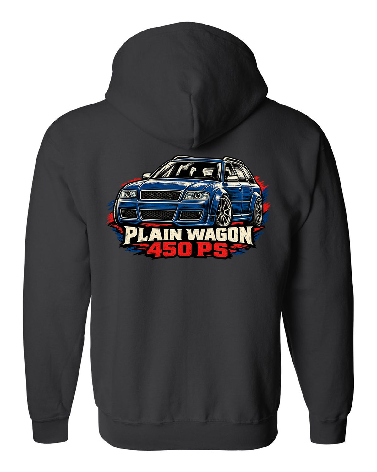 Linocut woodcut design of the Audi RS6 Avant C5 4B with plain wagon and 450 PS lettering black zip hoodie back view with the design