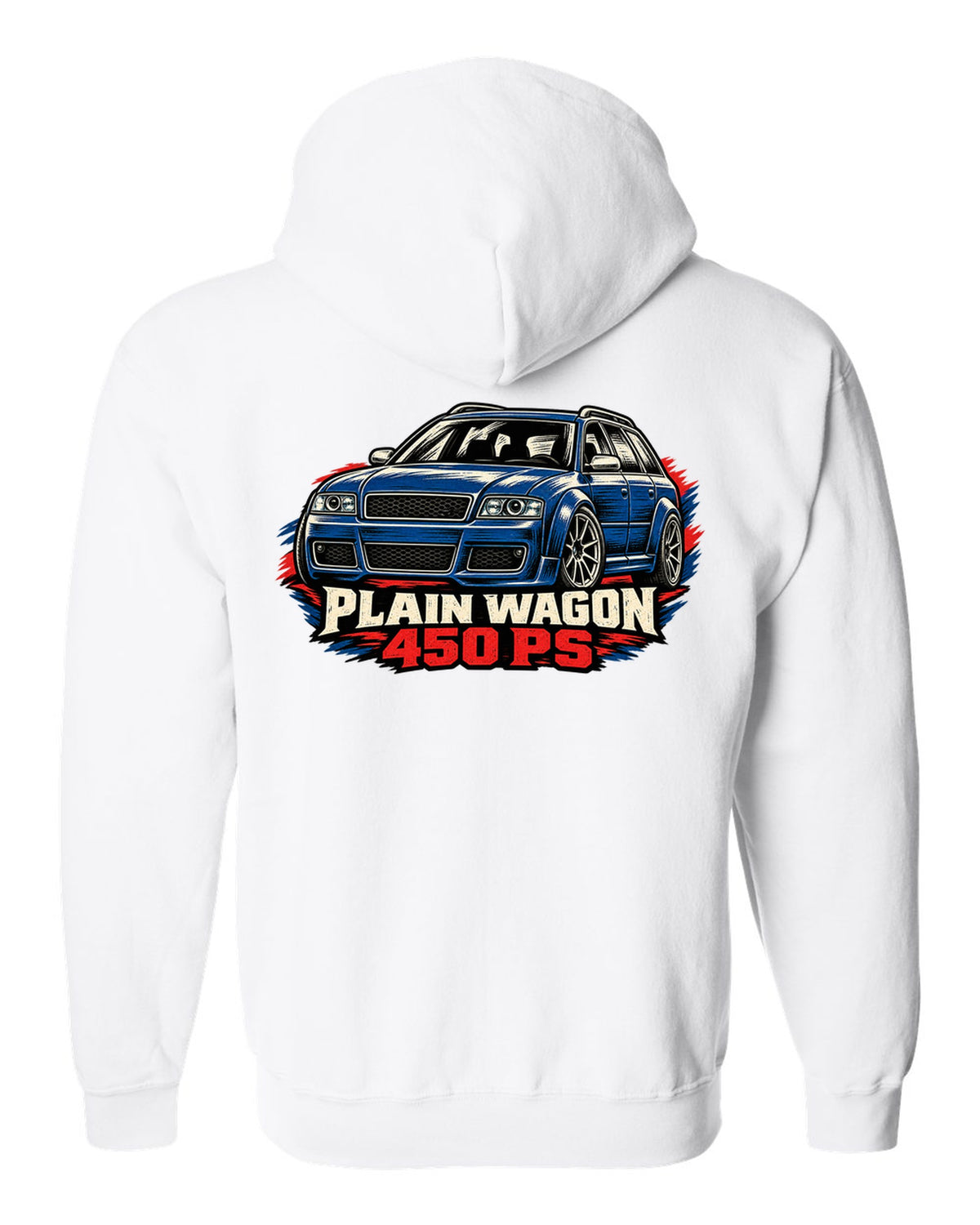 Linocut woodcut design of the Audi RS6 Avant C5 4B with plain wagon and 450 PS lettering white zip hoodie back view with the design