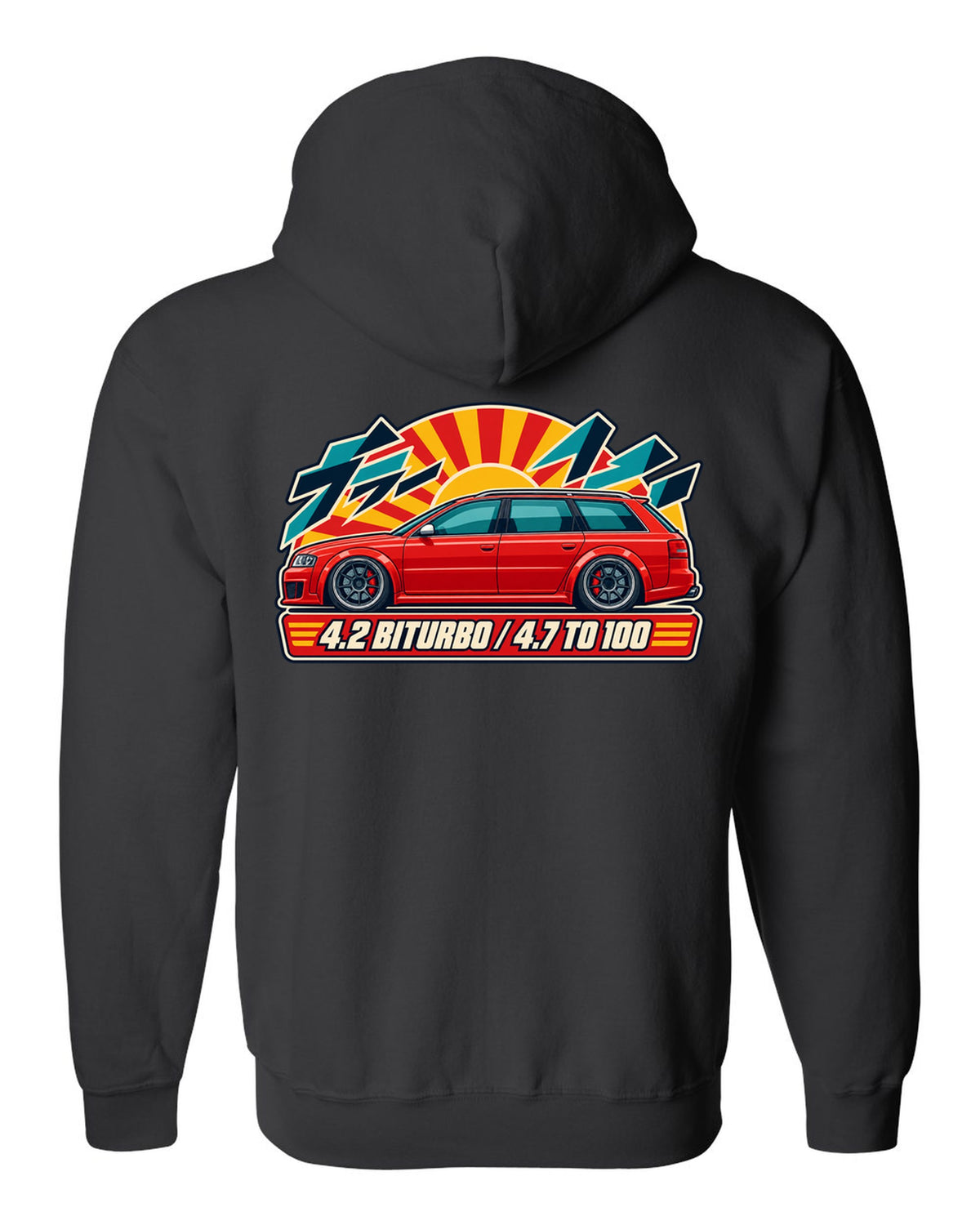 Retro Japanese catalogue ad style print of an Audi RS6 Avant C5 with 4.2 biturbo text black zip hoodie back view with the design