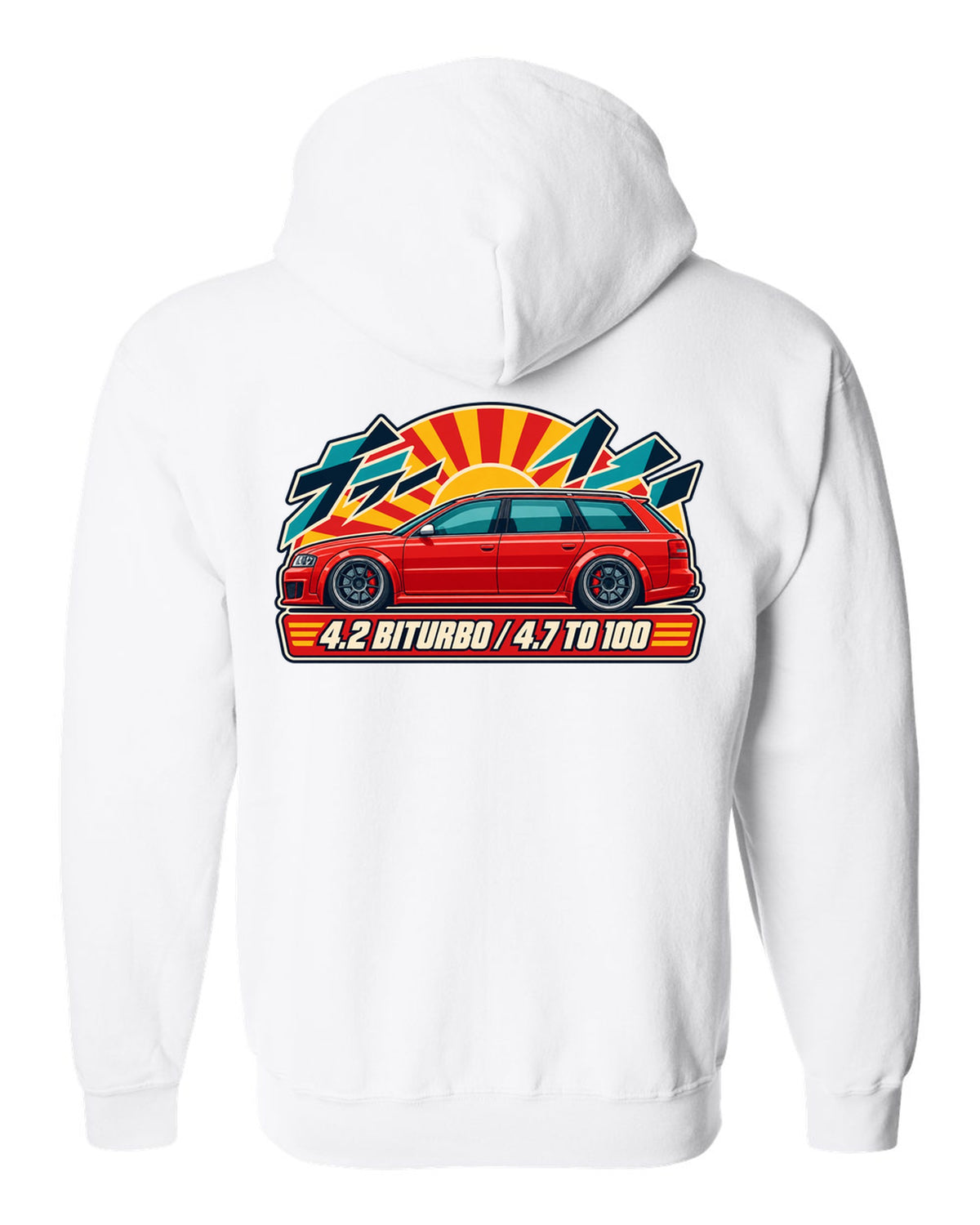 Retro Japanese catalogue ad style print of an Audi RS6 Avant C5 with 4.2 biturbo text white zip hoodie back view with the design