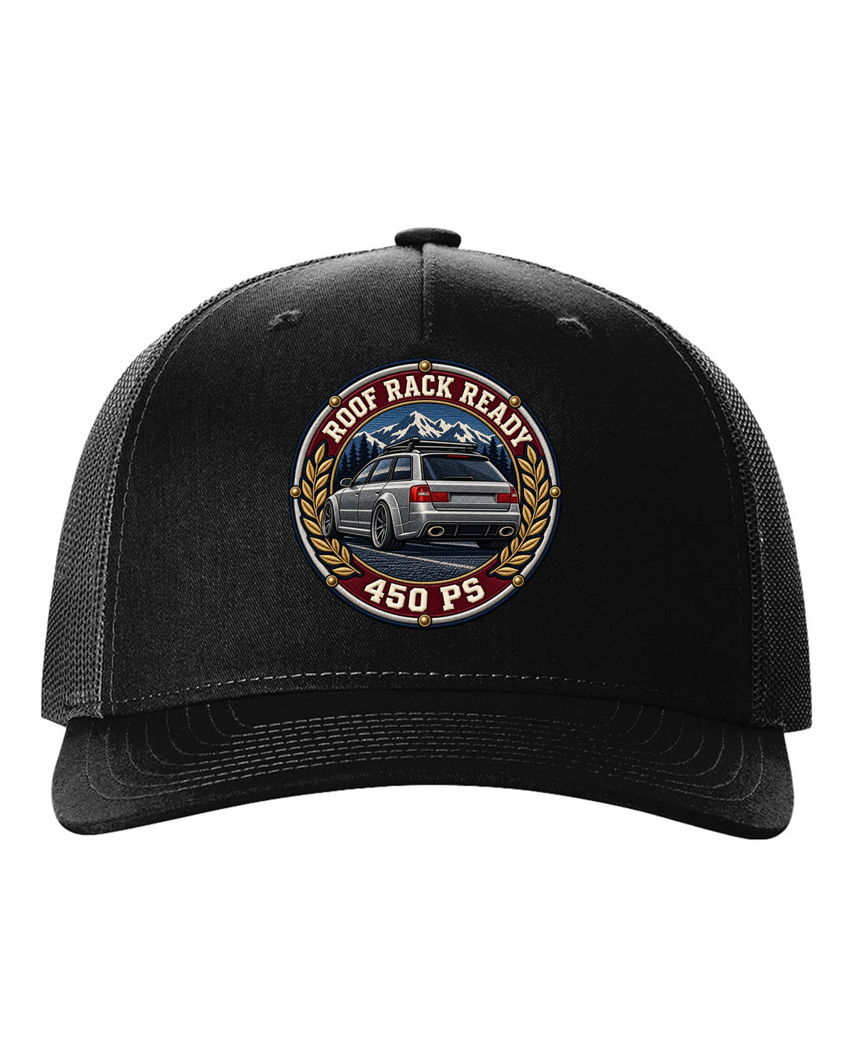 Varsity crest style print of a flared Audi RS6 Avant C5 with Roof Rack Ready text black hat front view with the design