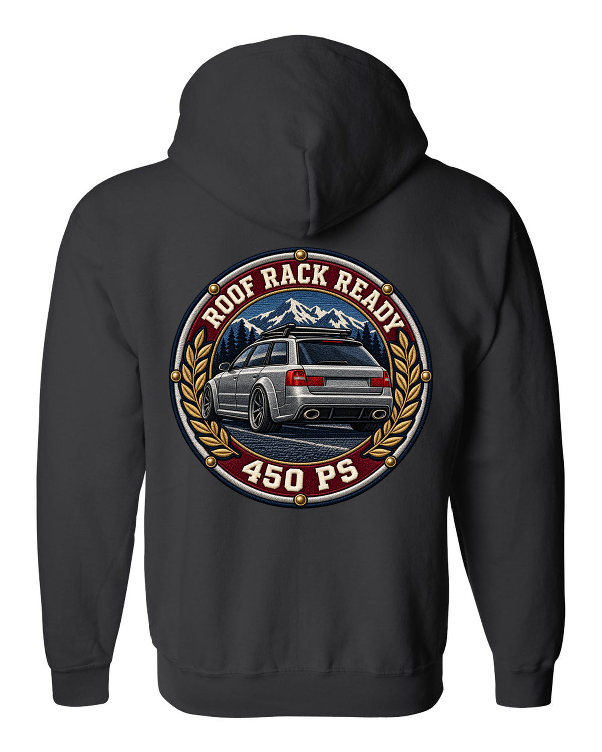 Varsity crest style print of a flared Audi RS6 Avant C5 with Roof Rack Ready text black zip hoodie back view with the design