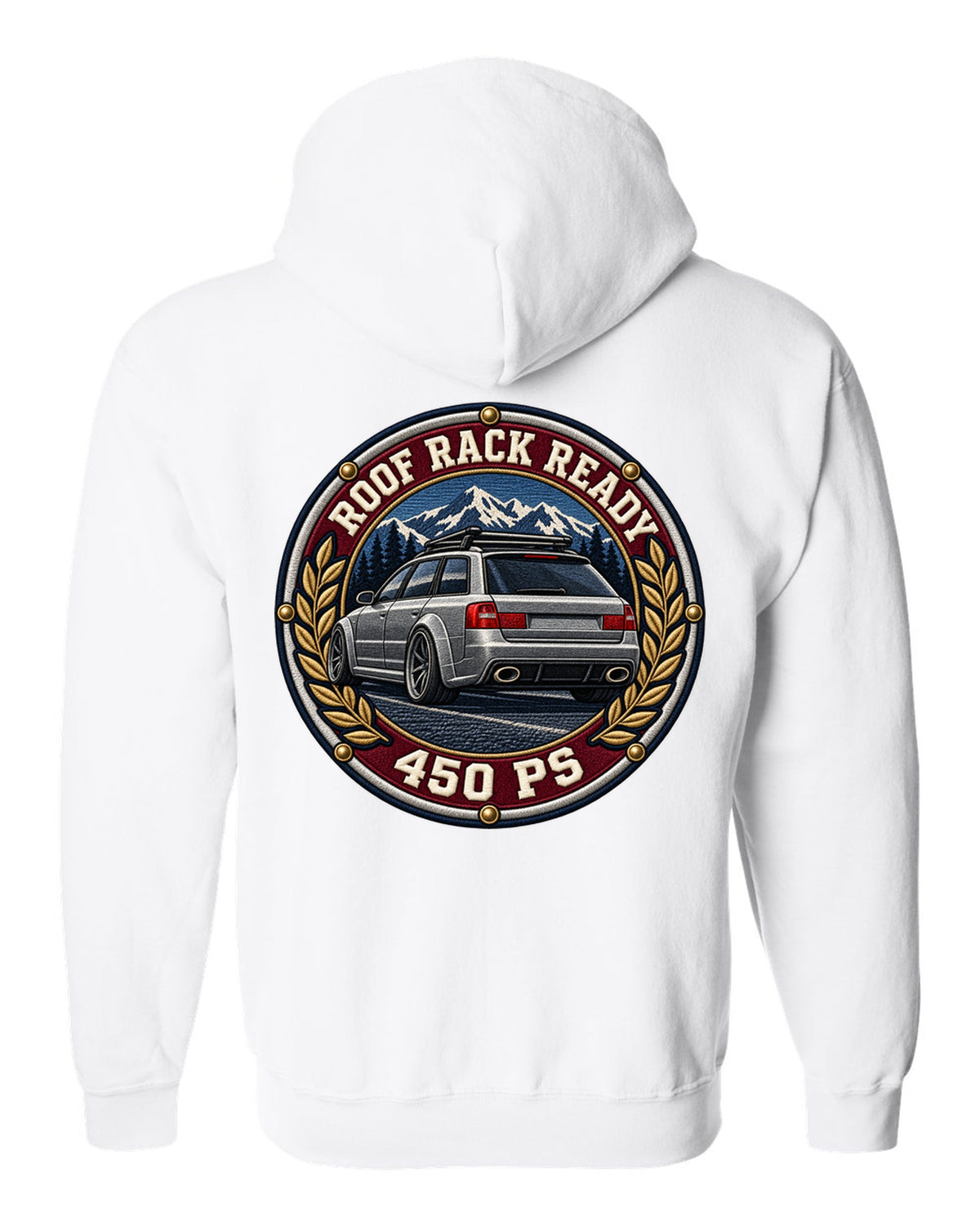 Varsity crest style print of a flared Audi RS6 Avant C5 with Roof Rack Ready text white zip hoodie back view with the design
