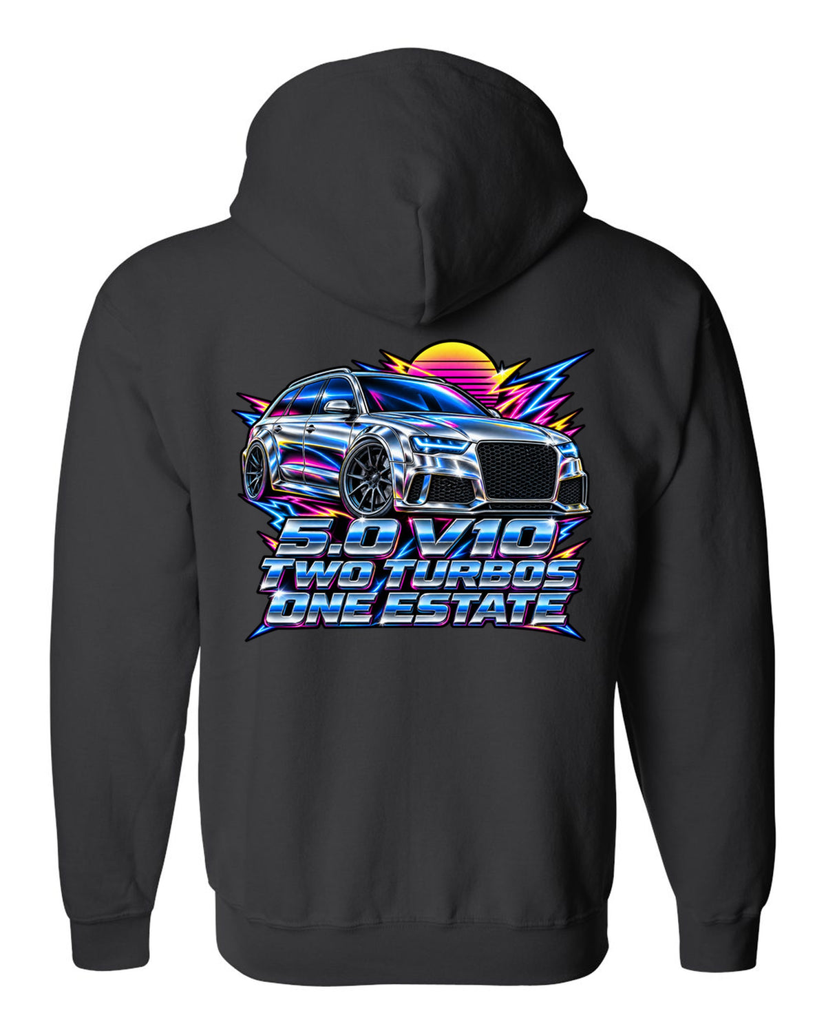 80s airbrush chrome design of the Audi RS6 Avant C6 4F with 5.0 V10 two turbos one estate lettering black zip hoodie back view with the design