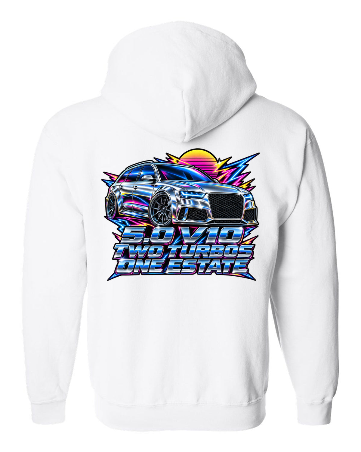 80s airbrush chrome design of the Audi RS6 Avant C6 4F with 5.0 V10 two turbos one estate lettering white zip hoodie back view with the design