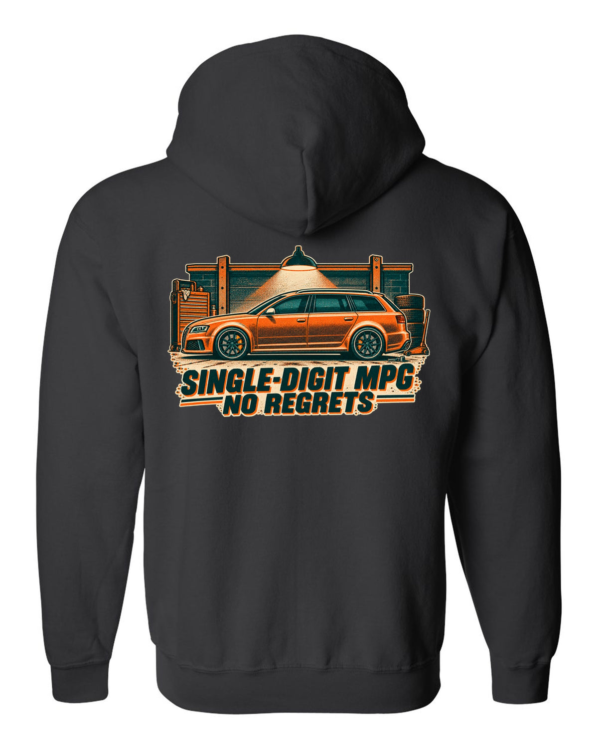 Risograph garage light design of the Audi RS6 Avant C6 4F with single-digit MPG no regrets lettering black zip hoodie back view with the design