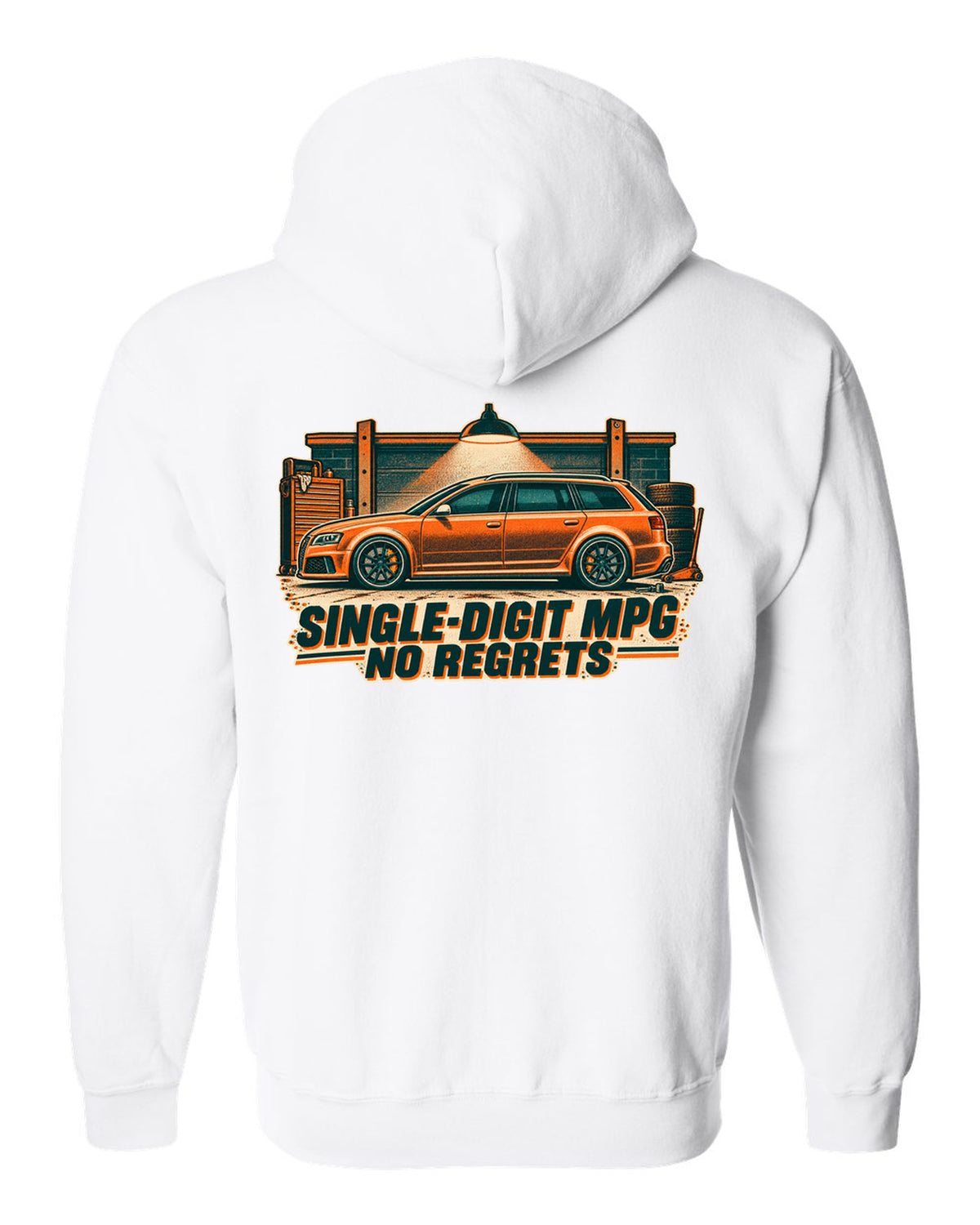 Risograph garage light design of the Audi RS6 Avant C6 4F with single-digit MPG no regrets lettering white zip hoodie back view with the design