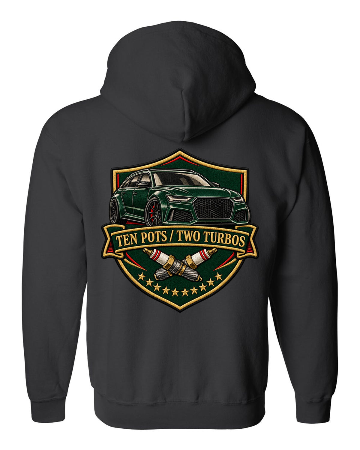 Varsity-style crest design of the Audi RS6 Avant C6 4F with ten pots two turbos lettering black zip hoodie back view with the design