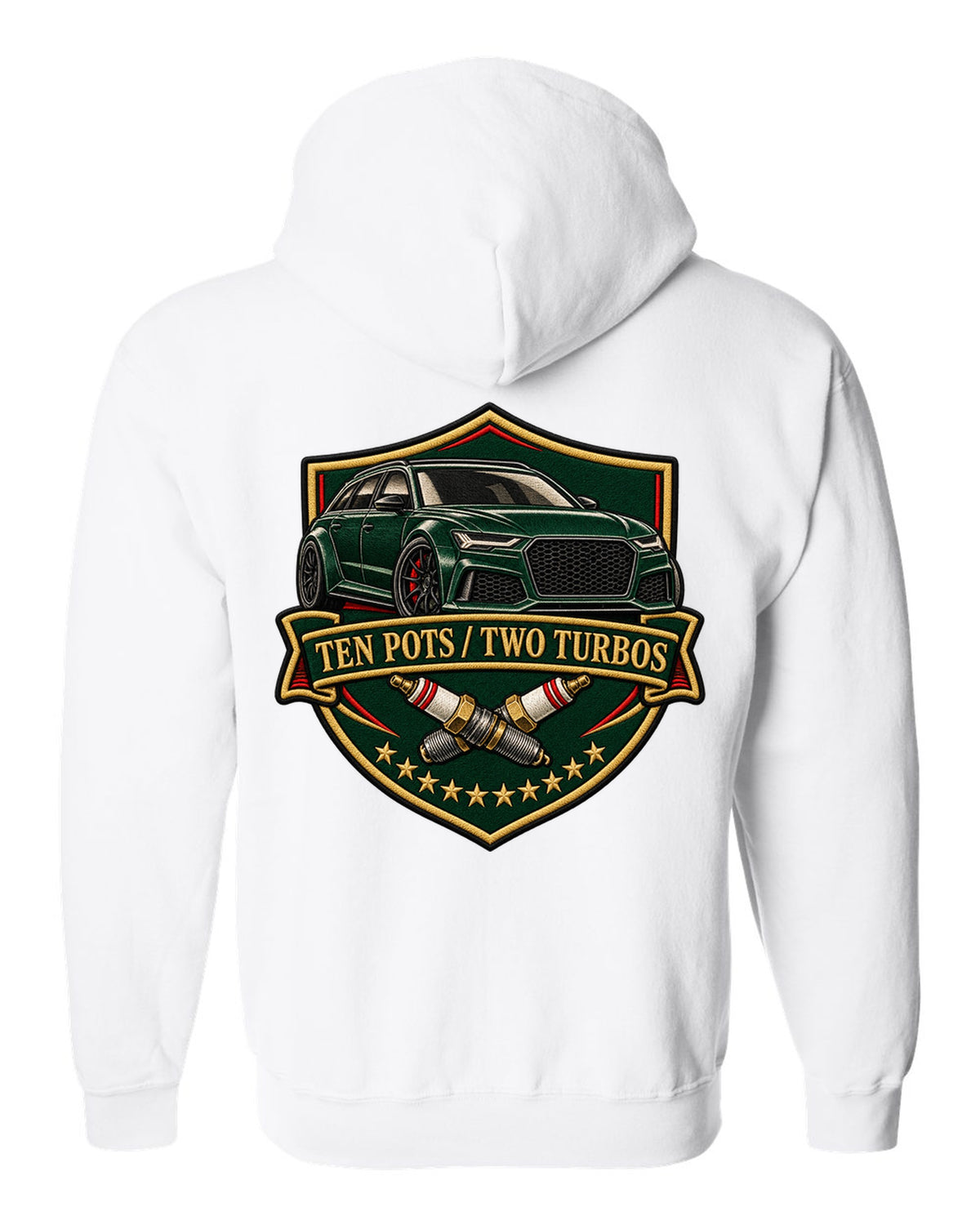 Varsity-style crest design of the Audi RS6 Avant C6 4F with ten pots two turbos lettering white zip hoodie back view with the design