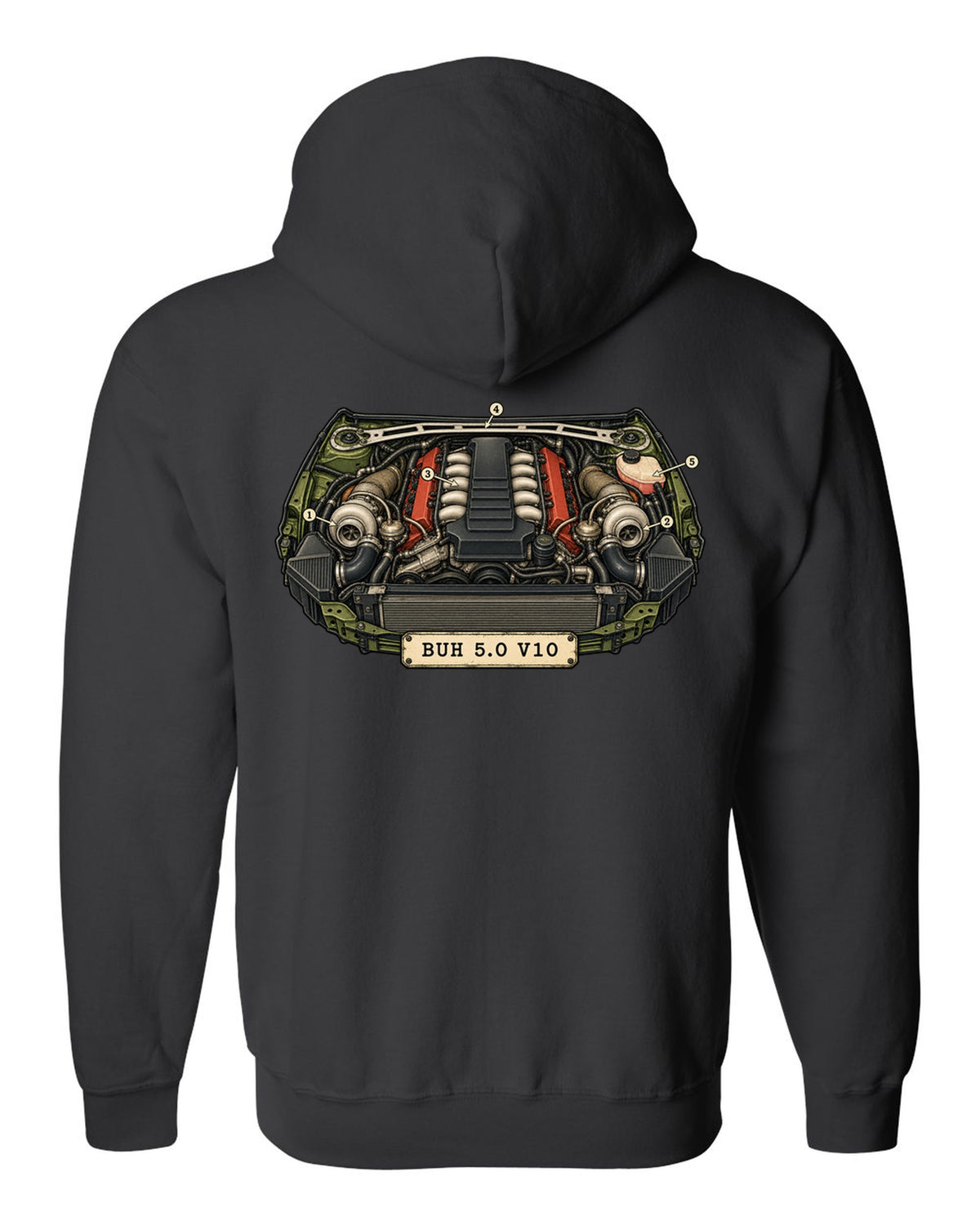 Vintage patent drawing design of the Audi RS6 Avant C6 4F with 5.0 V10 lettering black zip hoodie back view with the design