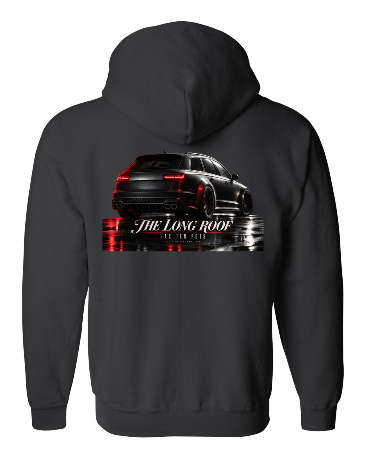Audi RS6 Avant C6 4F V10 rear three-quarter in a garage with long roof text black zip hoodie back view with the design