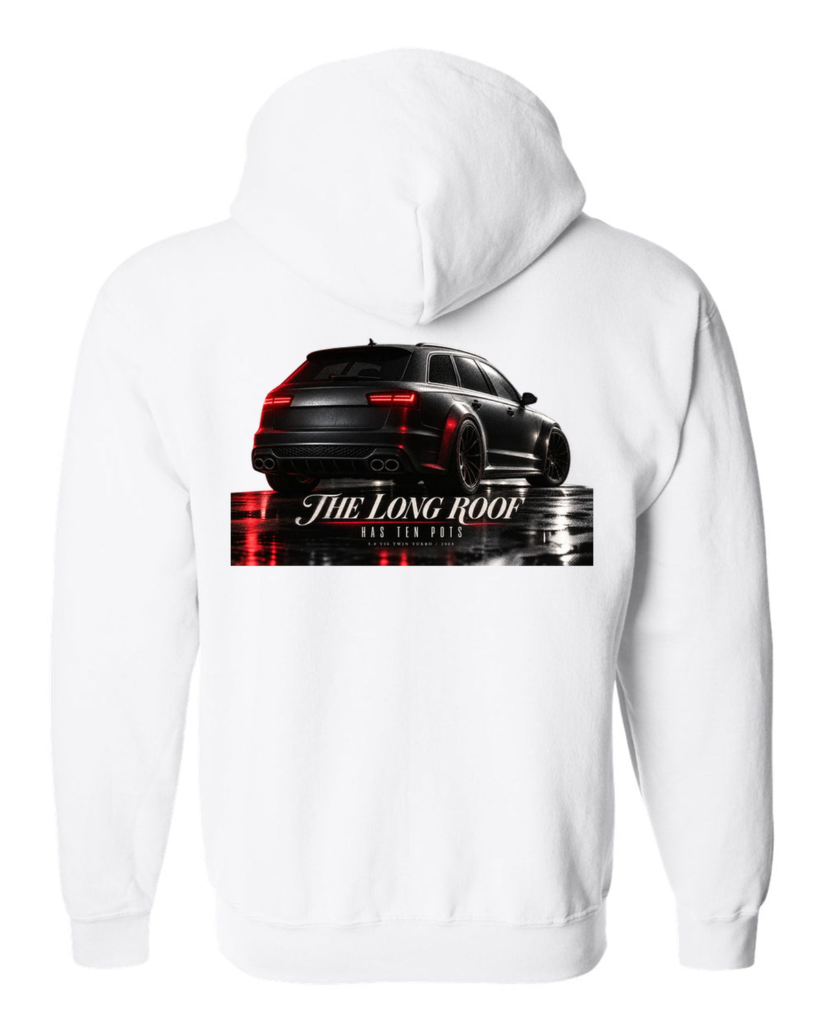 Audi RS6 Avant C6 4F V10 rear three-quarter in a garage with long roof text white zip hoodie back view with the design