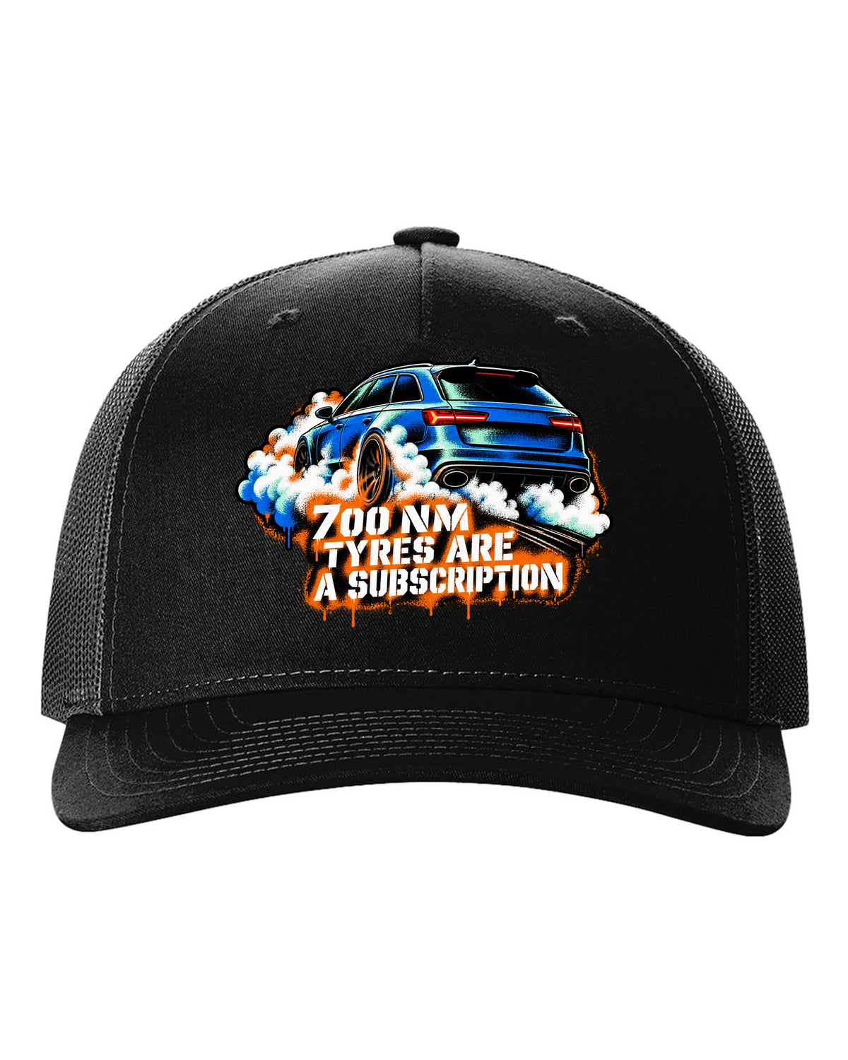 Stencil spray street art design of the Audi RS6 Avant C7 4G with 700 Nm and tyres are a subscription lettering black hat front view with the design