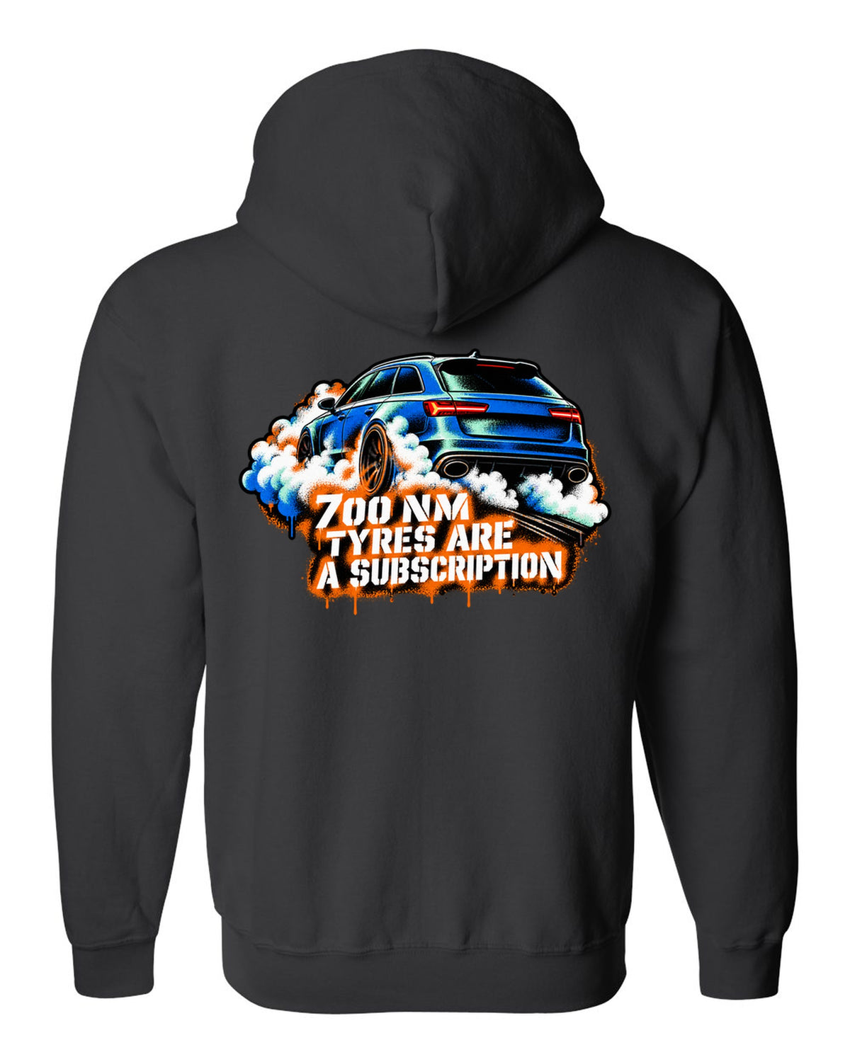 Stencil spray street art design of the Audi RS6 Avant C7 4G with 700 Nm and tyres are a subscription lettering black zip hoodie back view with the design