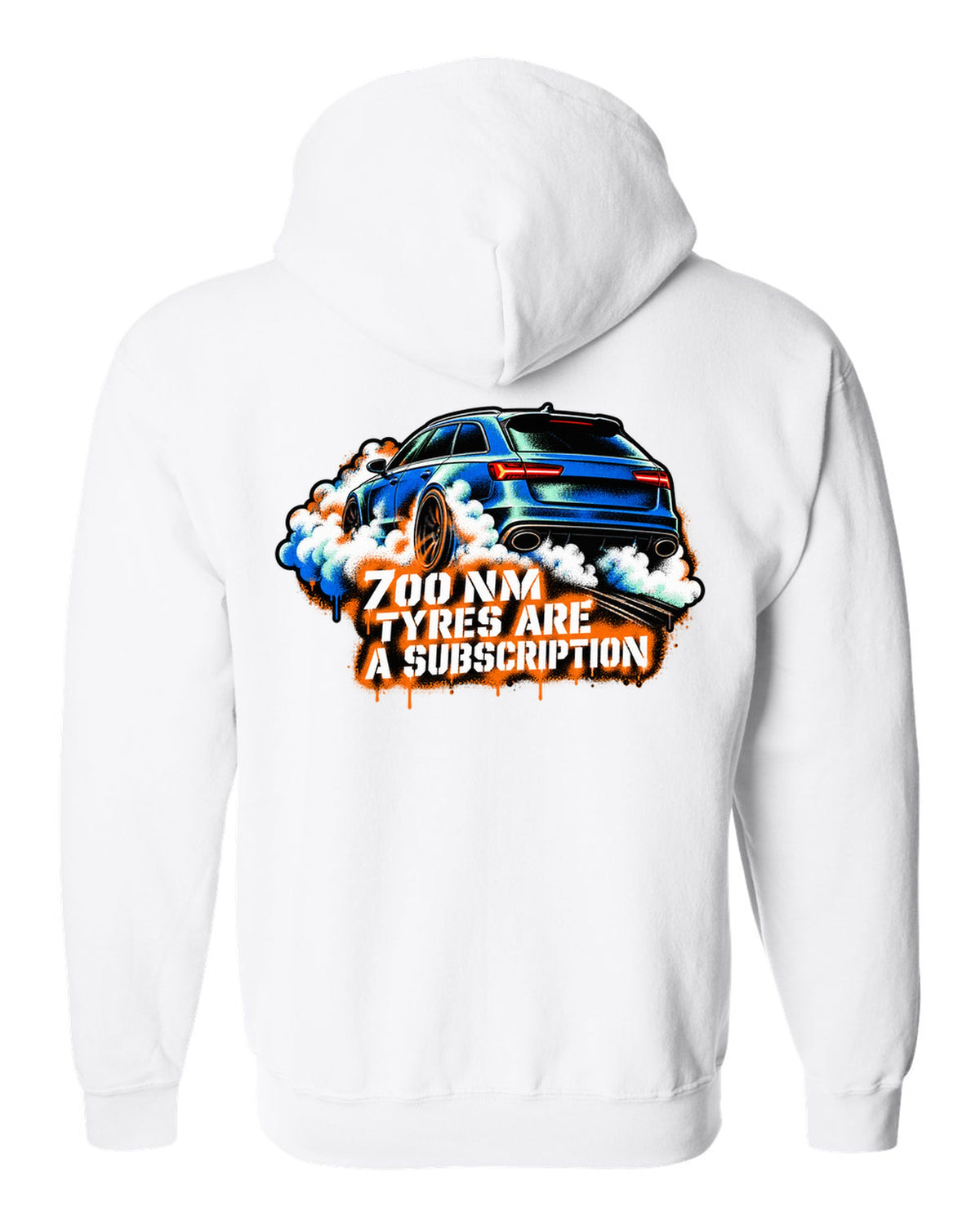 Stencil spray street art design of the Audi RS6 Avant C7 4G with 700 Nm and tyres are a subscription lettering white zip hoodie back view with the design