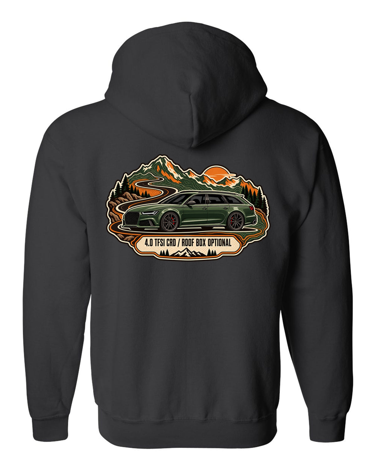 Topographic route map design of the Audi RS6 Avant C7 4G with 4.0 TFSI and roof box optional lettering black zip hoodie back view with the design