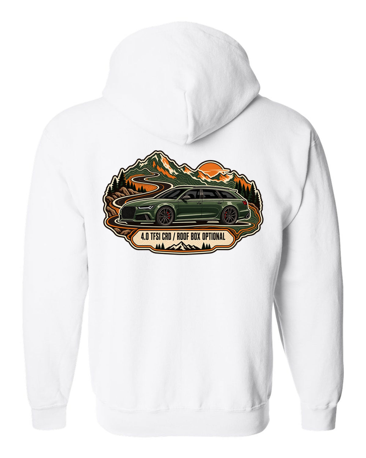 Topographic route map design of the Audi RS6 Avant C7 4G with 4.0 TFSI and roof box optional lettering white zip hoodie back view with the design