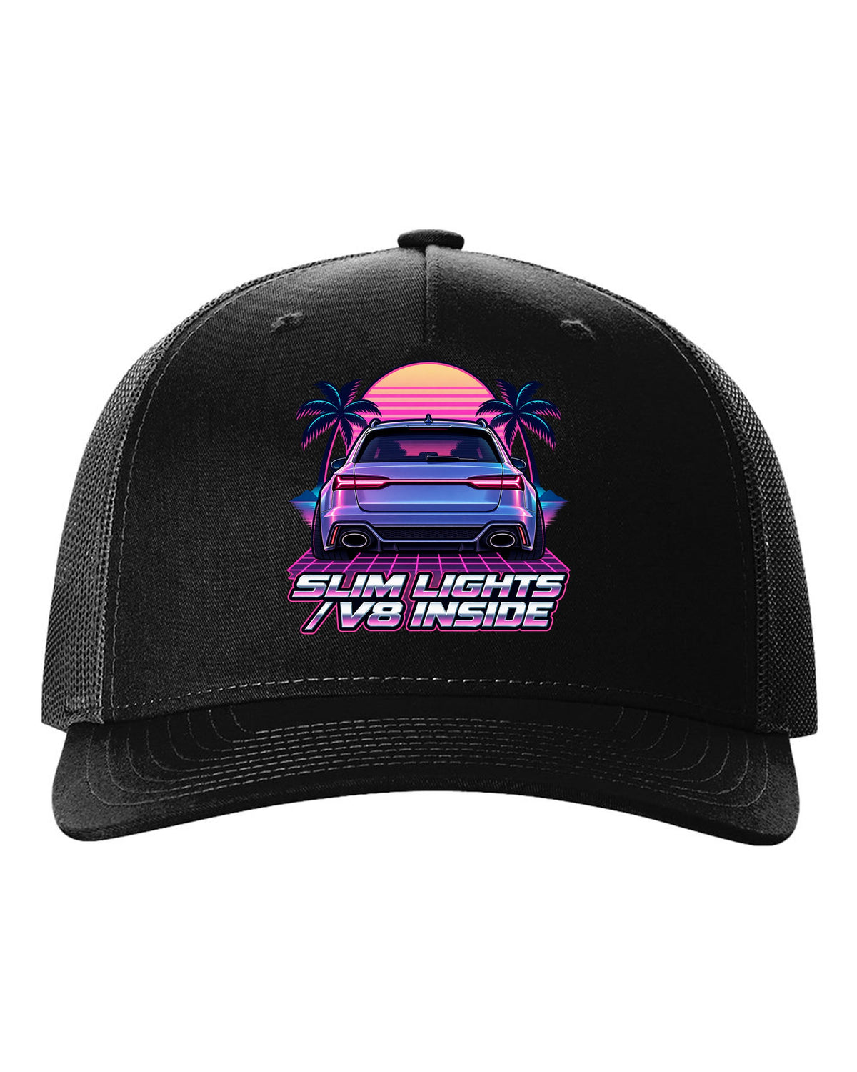 Pastel vaporwave design of the Audi RS6 Avant C7 4G with slim lights V8 inside lettering black hat front view with the design