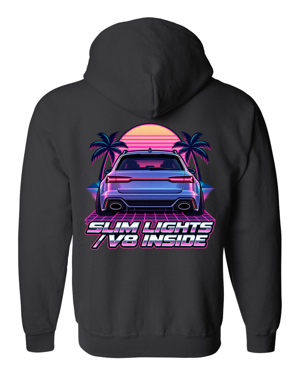 Pastel vaporwave design of the Audi RS6 Avant C7 4G with slim lights V8 inside lettering black zip hoodie back view with the design
