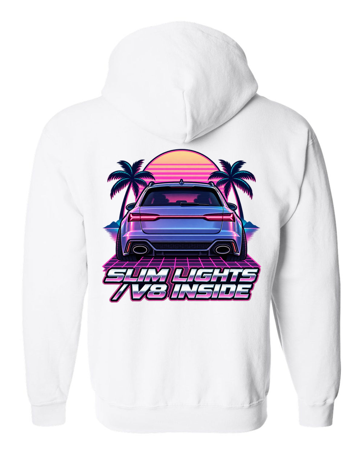 Pastel vaporwave design of the Audi RS6 Avant C7 4G with slim lights V8 inside lettering white zip hoodie back view with the design