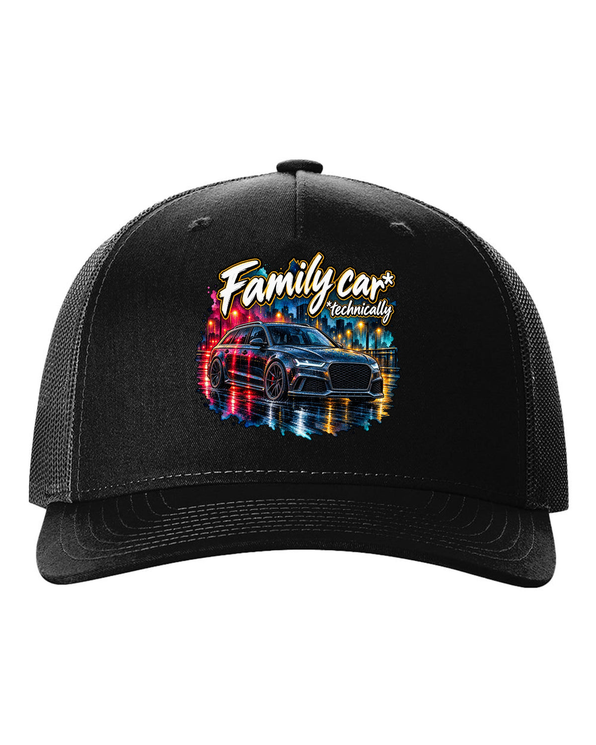 Watercolour wet-road night design of the Audi RS6 Avant C7 4G with family car technically lettering black hat front view with the design