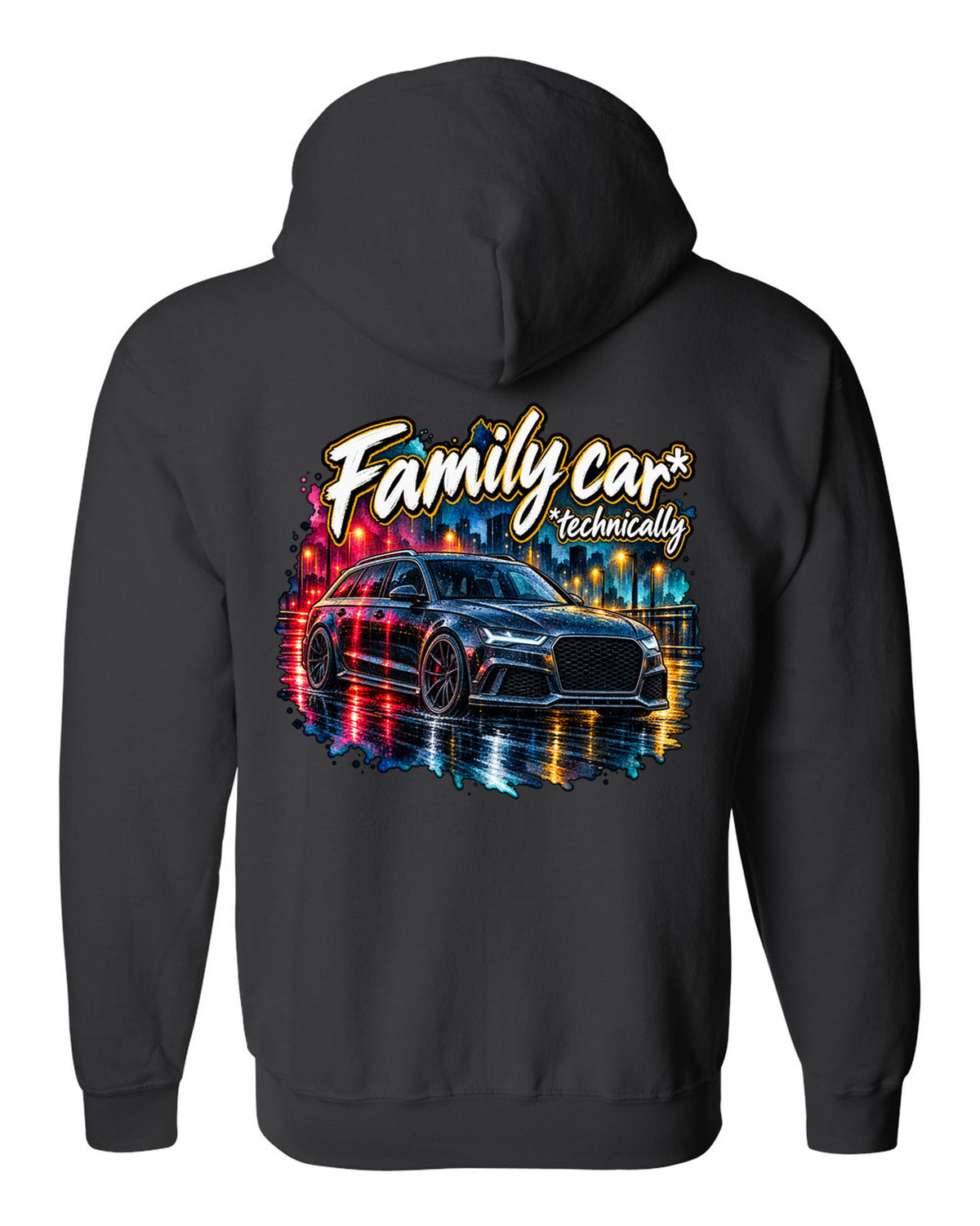 Watercolour wet-road night design of the Audi RS6 Avant C7 4G with family car technically lettering black zip hoodie back view with the design