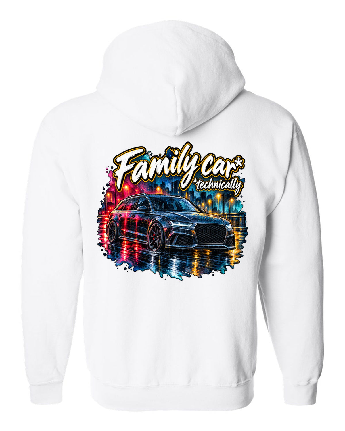 Watercolour wet-road night design of the Audi RS6 Avant C7 4G with family car technically lettering white zip hoodie back view with the design