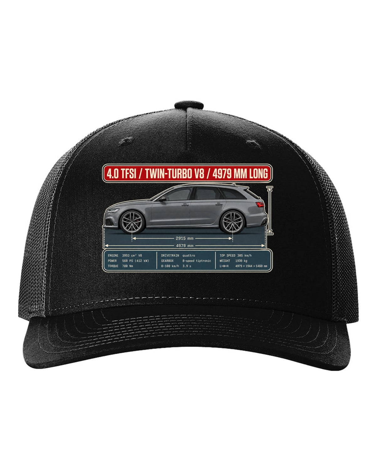 Audi RS6 Avant C7 Daytona grey dimension blueprint print black hat front view with the design