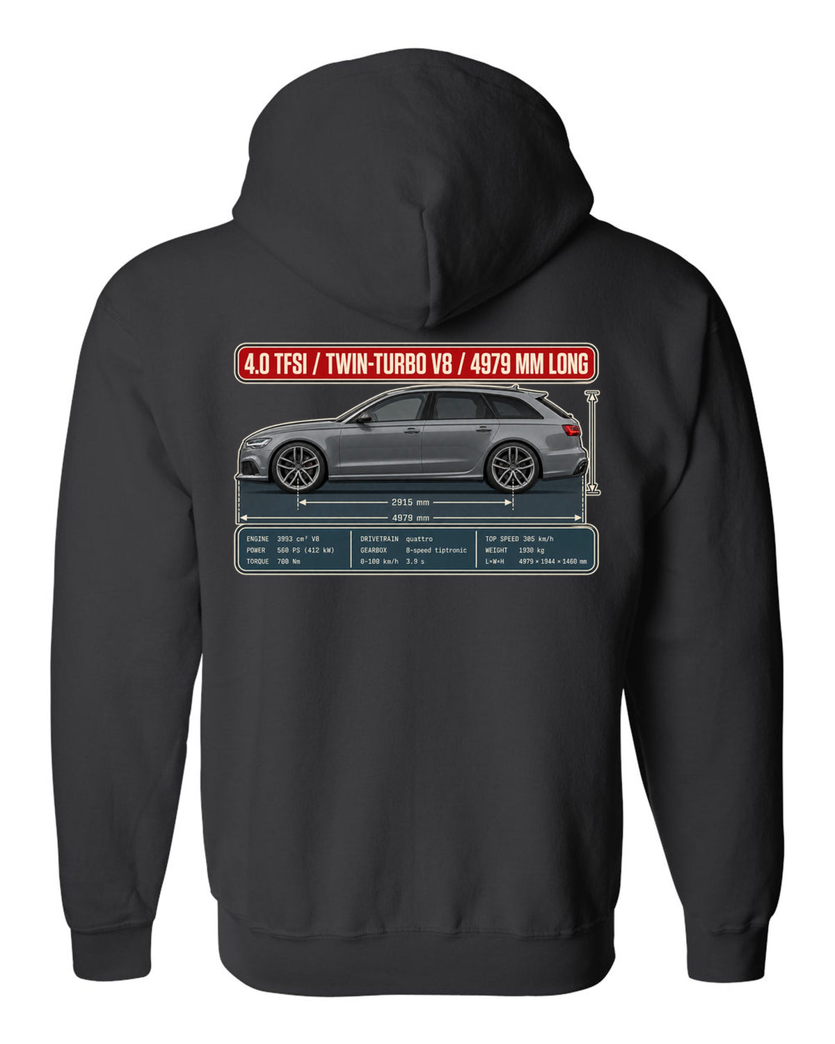 Audi RS6 Avant C7 Daytona grey dimension blueprint print black zip hoodie back view with the design