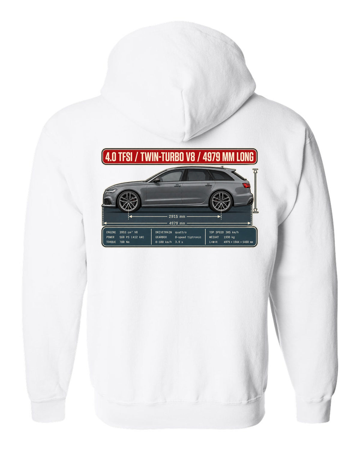 Audi RS6 Avant C7 Daytona grey dimension blueprint print white zip hoodie back view with the design