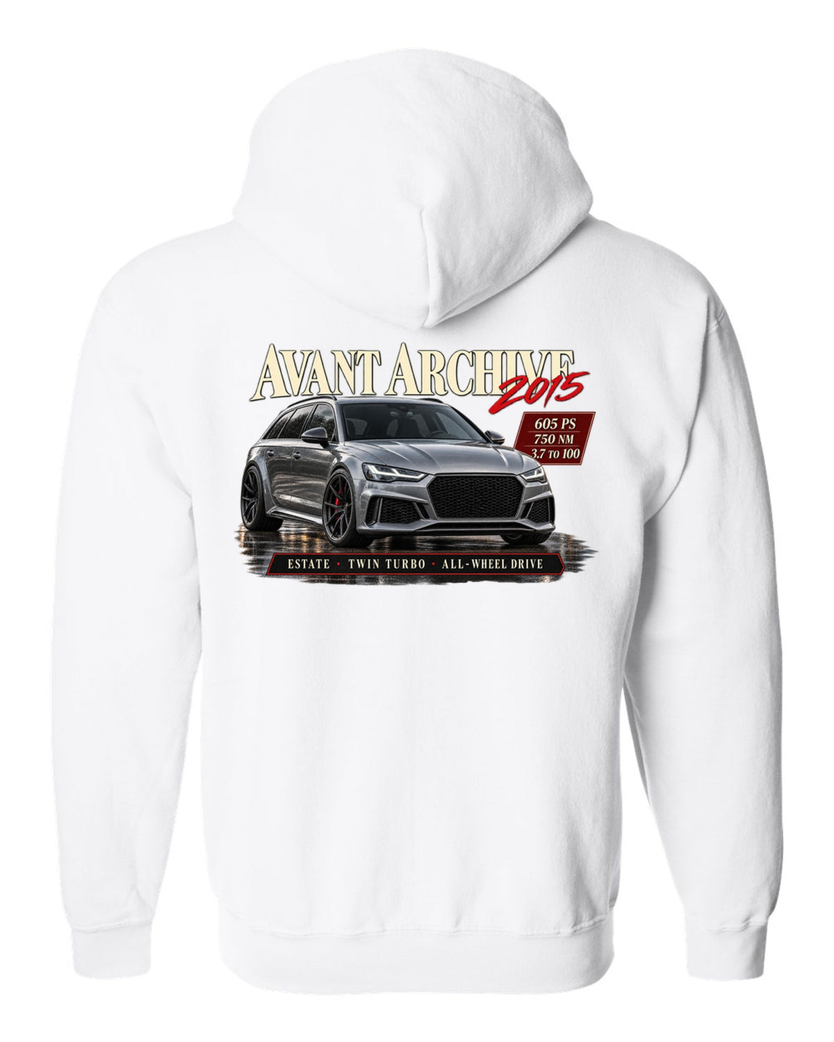 Audi RS6 Avant C7 Performance front three-quarter in an archive panel with 605 PS spec text white zip hoodie back view with the design