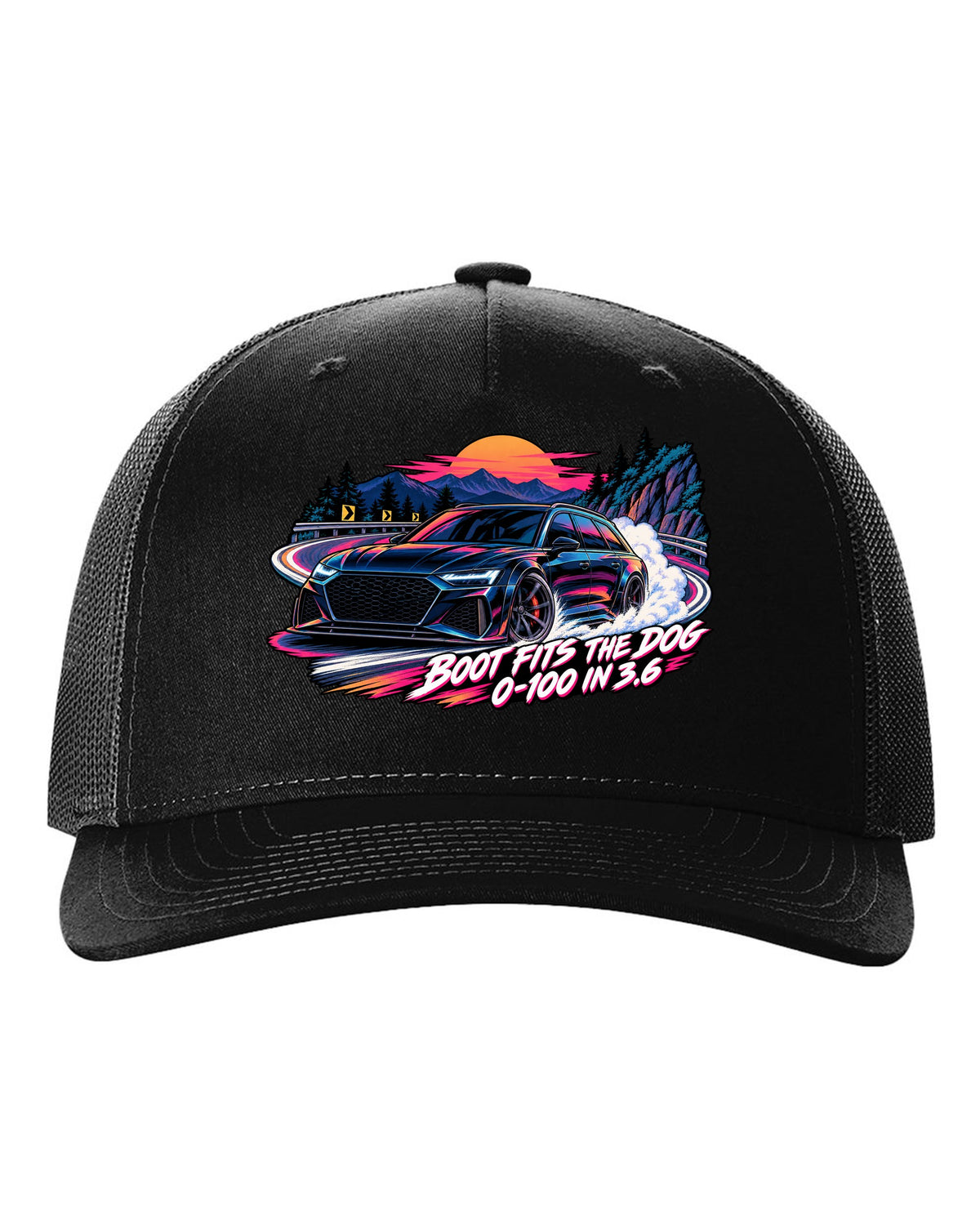 Cel-shaded anime night touge design of the Audi RS6 Avant C8 with boot fits the dog lettering black hat front view with the design