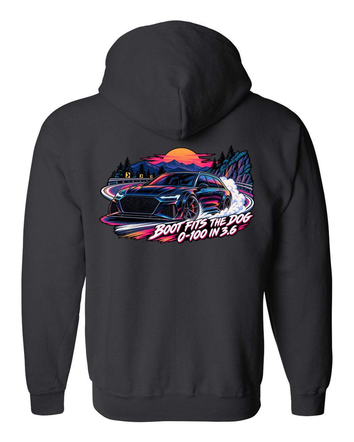 Cel-shaded anime night touge design of the Audi RS6 Avant C8 with boot fits the dog lettering black zip hoodie back view with the design