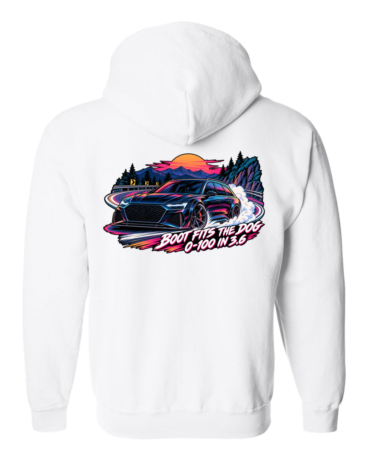 Cel-shaded anime night touge design of the Audi RS6 Avant C8 with boot fits the dog lettering white zip hoodie back view with the design