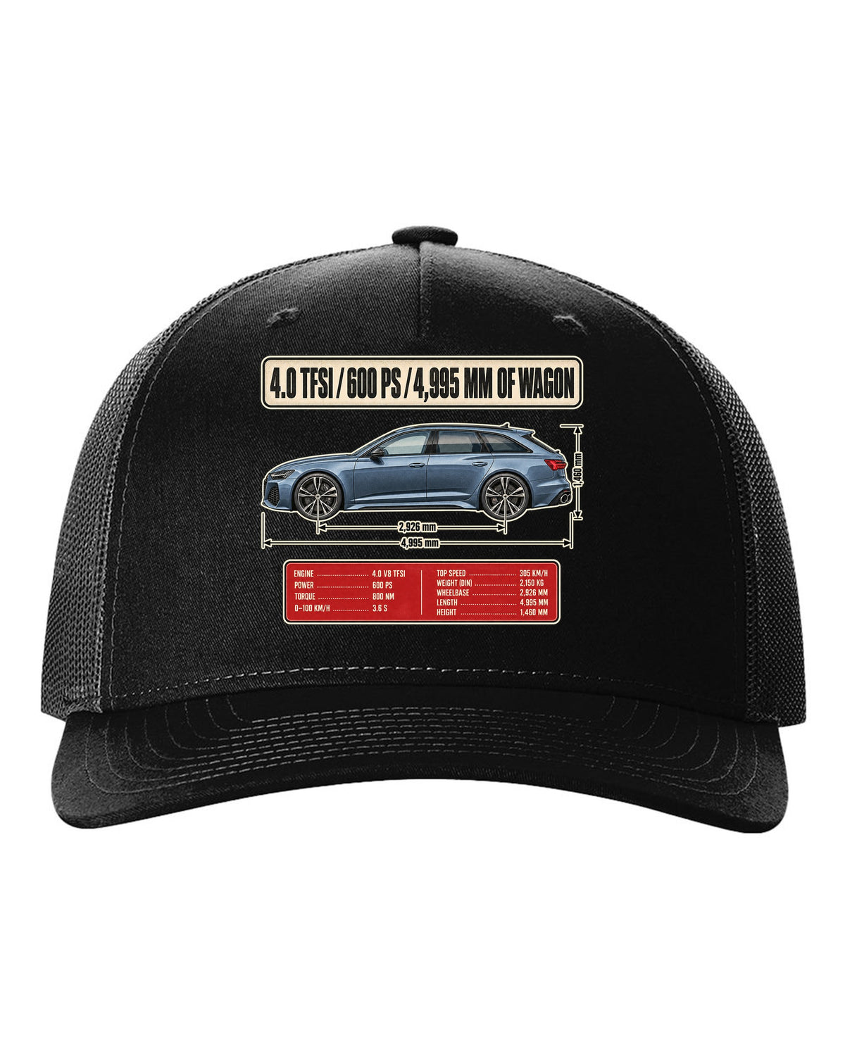 Audi RS6 Avant C8 wagon dimension blueprint print black hat front view with the design