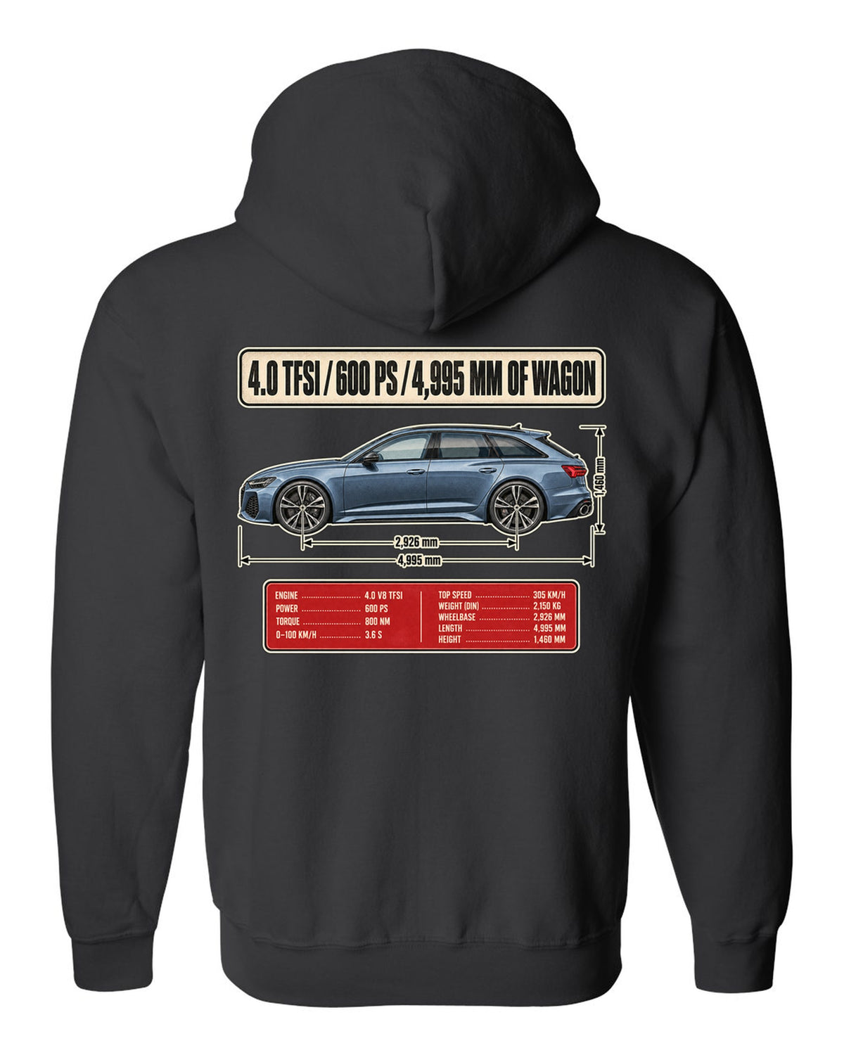 Audi RS6 Avant C8 wagon dimension blueprint print black zip hoodie back view with the design