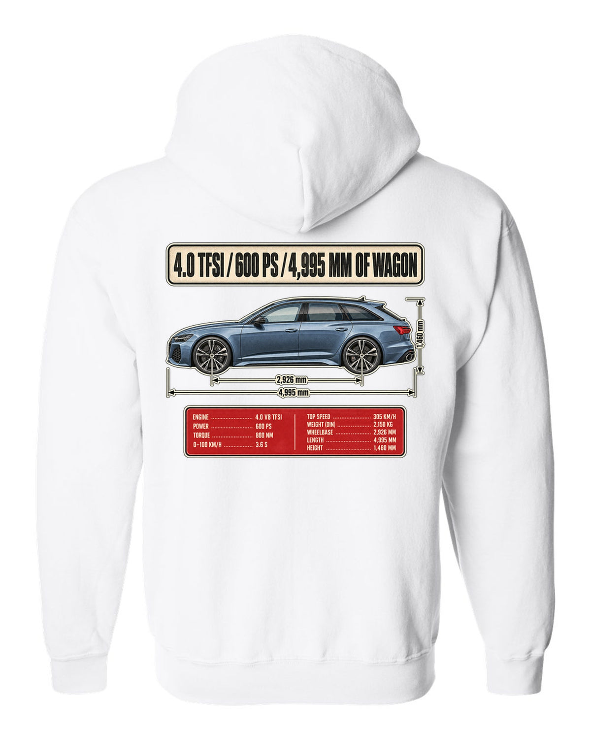 Audi RS6 Avant C8 wagon dimension blueprint print white zip hoodie back view with the design