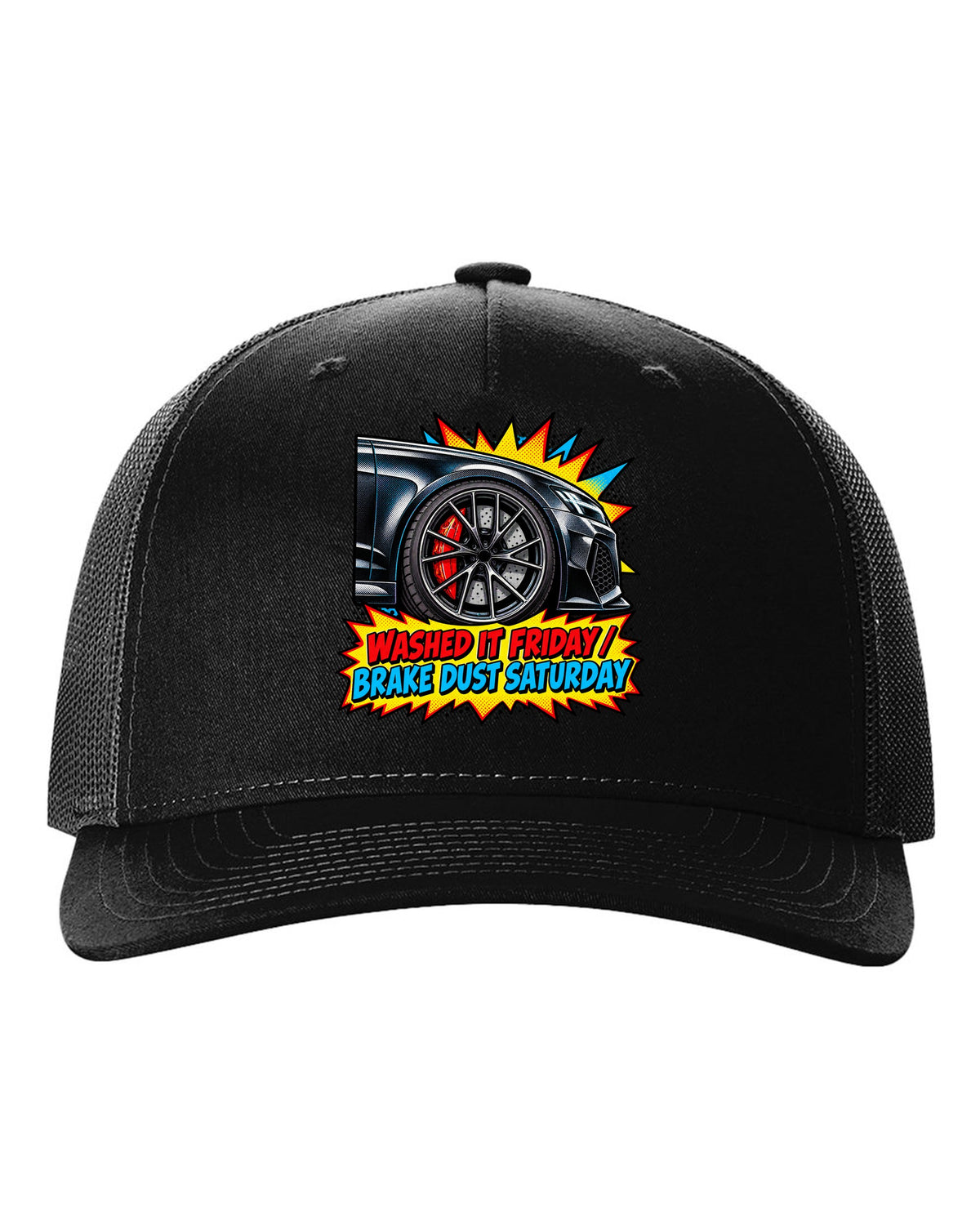 Comic halftone pop-art design of the Audi RS6 Avant C8 with washed it Friday brake dust Saturday lettering black hat front view with the design
