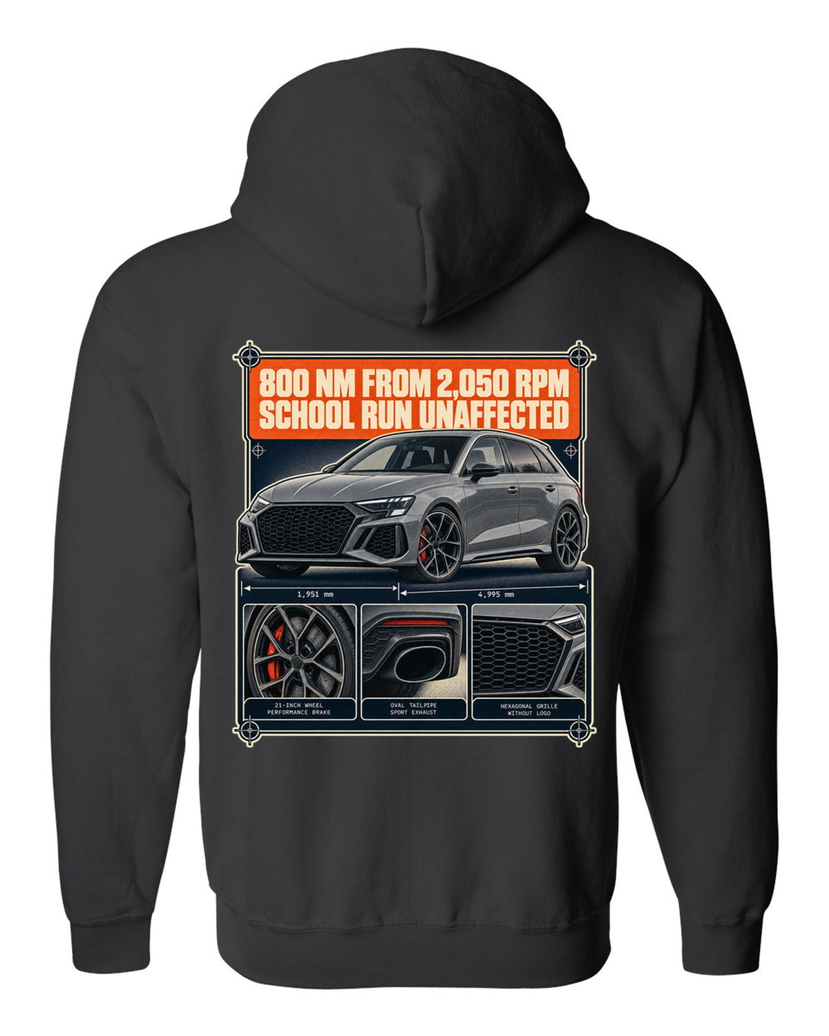 Dossier panels for the Audi RS6 Avant C8 noting 800 Nm from 2,050 rpm black zip hoodie back view with the design